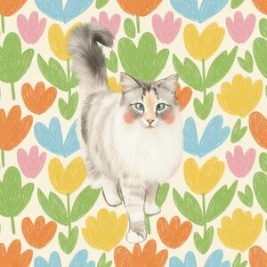 7.5 inch square print out Floral Cat Art Print in Gray and White